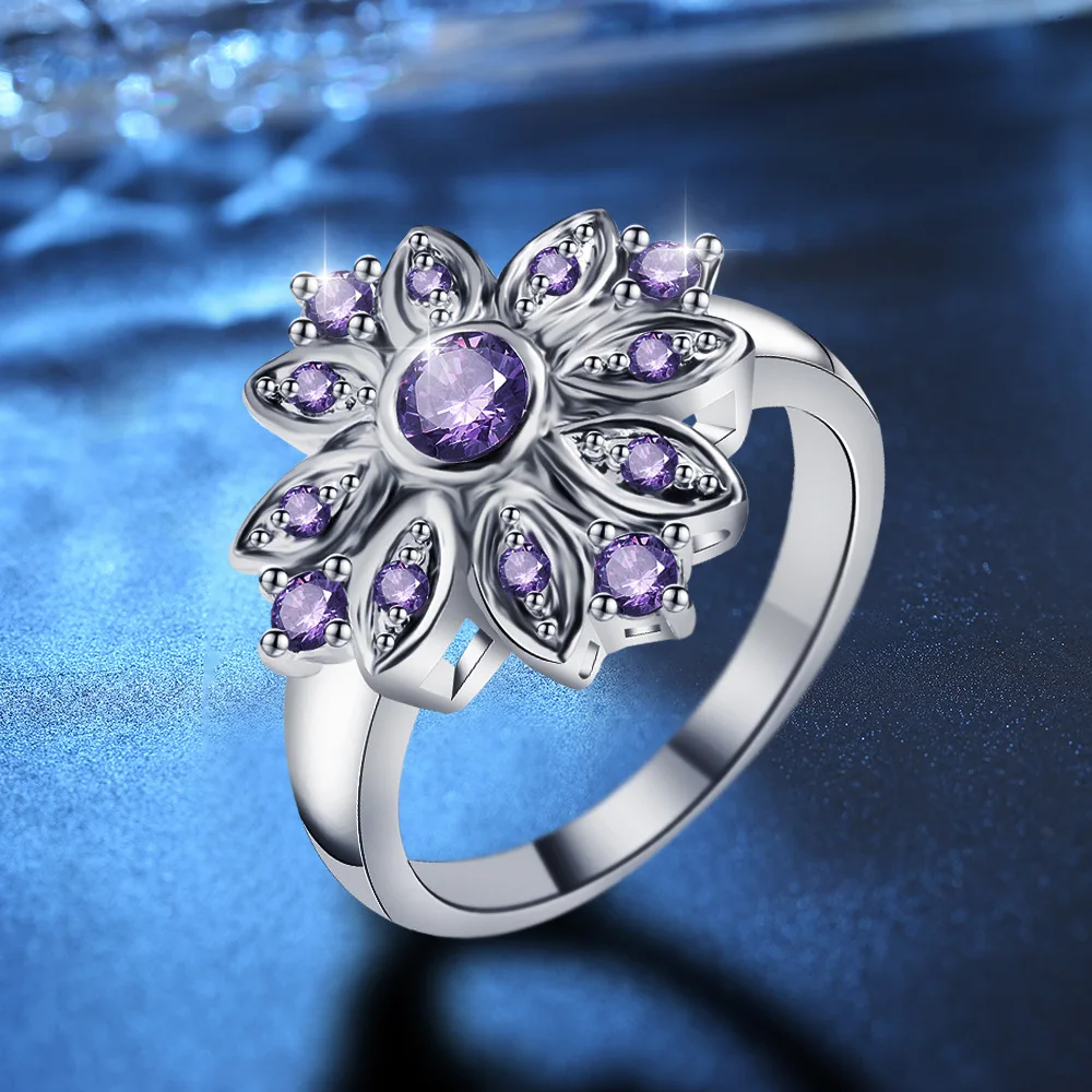 2 шт., циркониевое серебряное кольцо в форме подсолнуха, кольцо на палец с фиолетовым цветком, кольцо с драгоценным камнем для женщин, девушек, девушек, для свадебной вечеринки