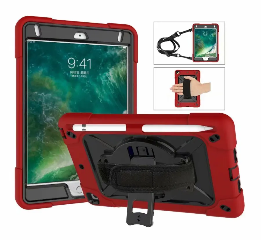 Армированный чехол из силикона+ PC подставка чехол для планшета для iPad Mini 4 Mini 5 7,9 дюймов Универсальный жесткий чехол с запястье+ плечевой ремень Стенд кожаный чехол+ подставка для ручек
