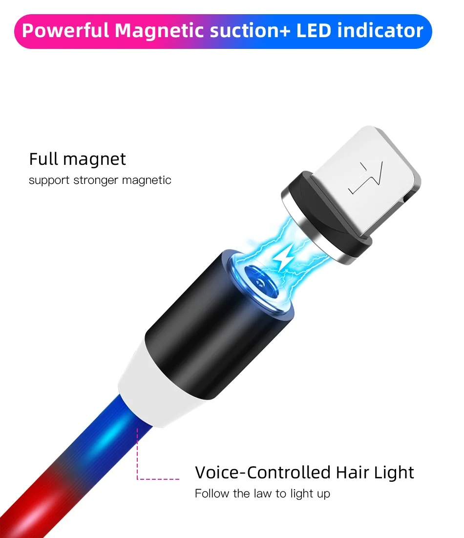 Магнитный usb-кабель для быстрой зарядки, кабель типа C для iPhone XR, магнитный светящийся светильник, кабель Micro USB для samsung S8 A50 Redmi note 7