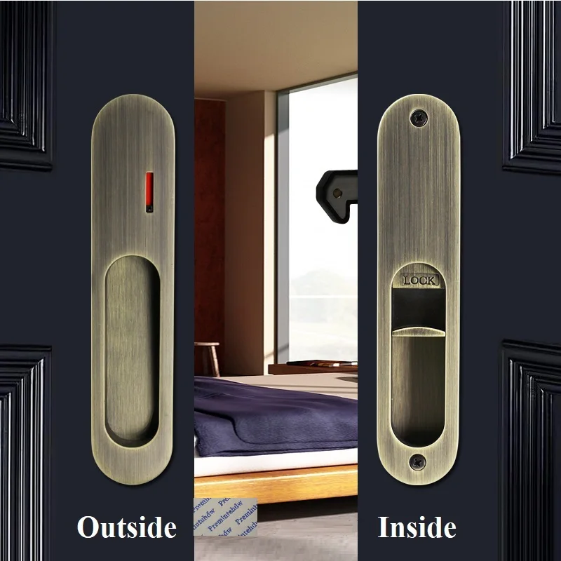Zinc Alloy Flush Finger Sliding Door Back-To-Back Pull Locking Latch With Red Indicator For Bedroom Bathroom Matte Black Bronze