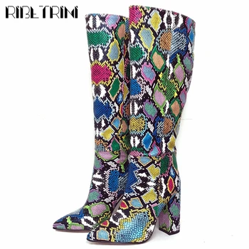 

RIBETRINI Brand Lady Mixed Colors Shoes Woman Mid Calf Boots Women 2020 Winter Casual Pointed Toe Boots