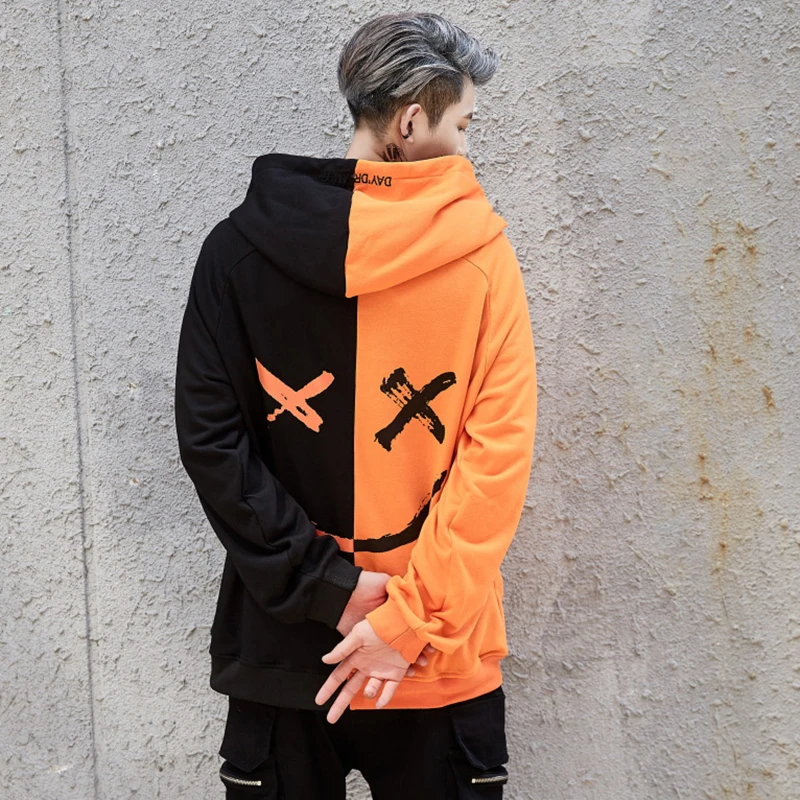 

ZFF&WGM 2020 Men Smile Print Headwear Hoodie Pullovers Hip Pop Streetwear Male Casual Fashion Loose Style Patchwork Hoodies
