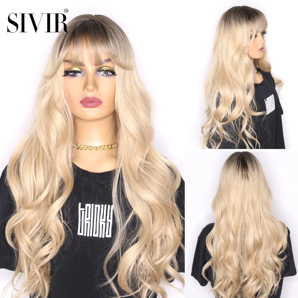 

Sivir Ombre Black Brown Synthetic Wigs with Bangs for Black Woman Long Natural Wave Cosplay Heat Resistant Fibre wigs for women