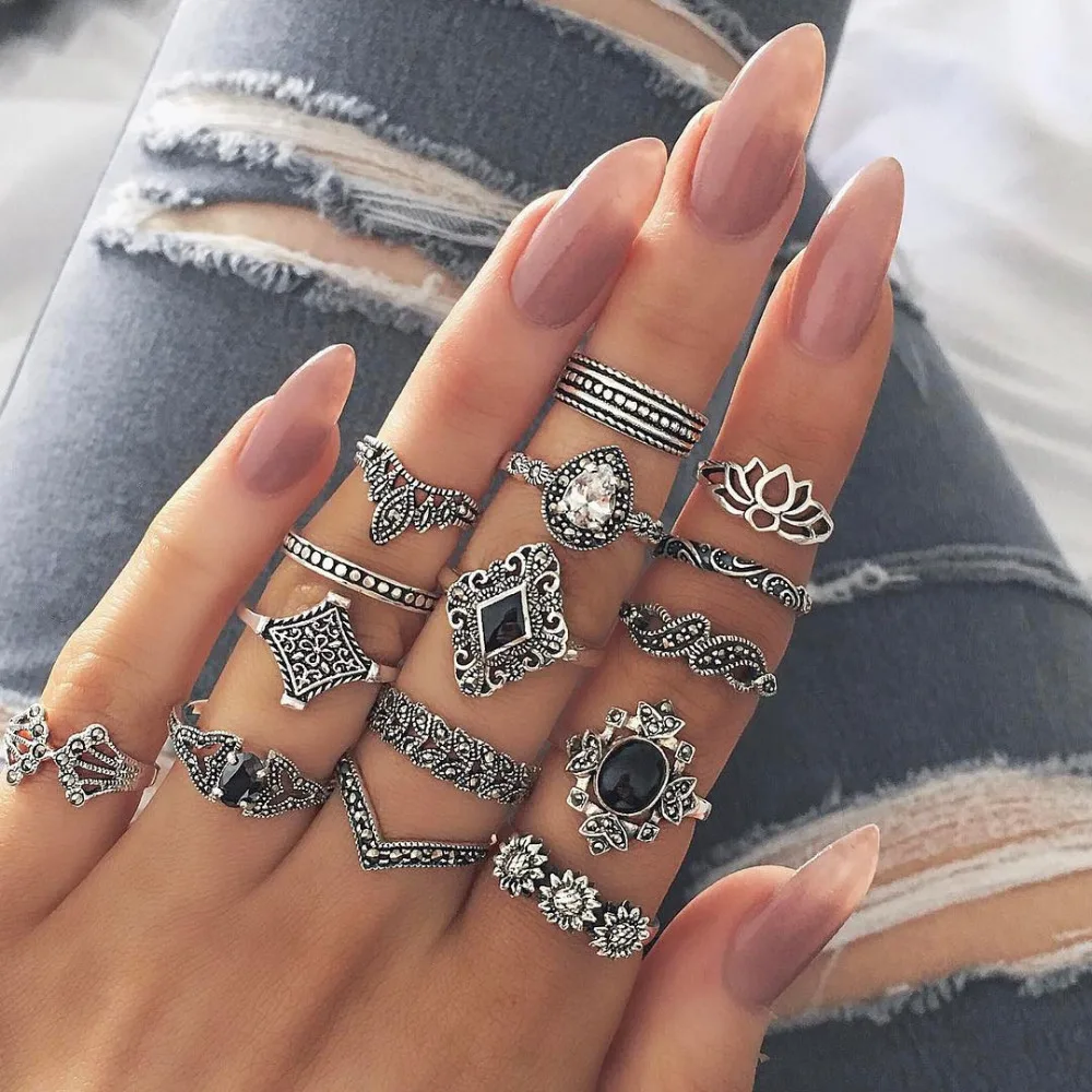 

2019 fashion 15 Pcs/set Bohemian Retro Crystal Flower Leaves Hollow Lotus Gem Silver Ring Set Women Wedding Anniversary Gift