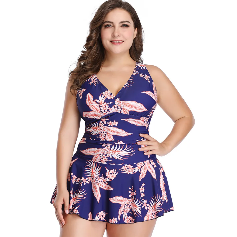 Plus Size Tankini Swimsuits Chubby Women Print High Waist Big Two Piece Cover Belly Swimwear with Skirt Swim dress Bathing Suit