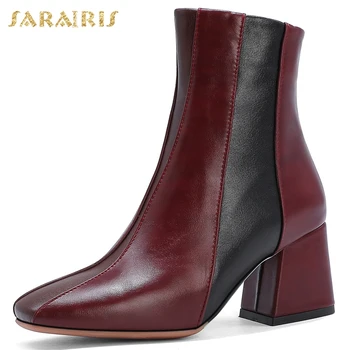 

Brand New 2020 Big Size 48 Square Heels Fashion Elegant Patchwork Office Ladies Winter Shoes Women Ankle Boots Female
