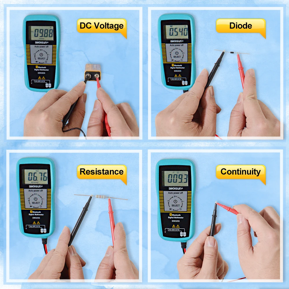 Pocket Auto Digital Multimeter Bluetooth-Compatible Measure DC and AC Voltage, Resistance, Diode and Continuity All-sun EM3255