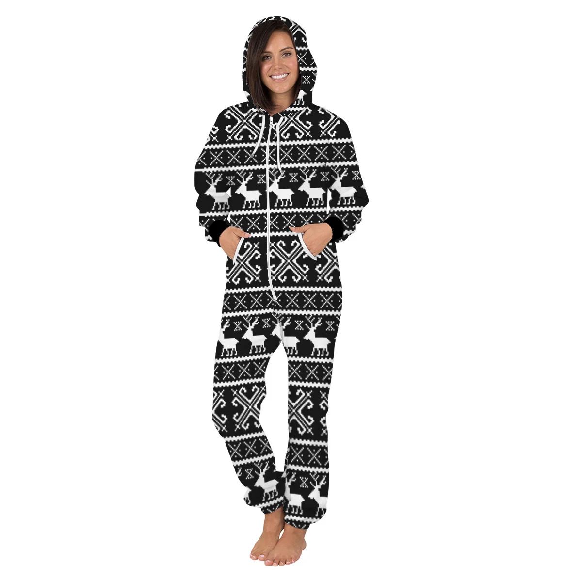 Christmas Blue Elk Print One Piece Jumpsuit Uunisex Jumpsuits Rompers Hooded With Pocket Playsuit Zipper Casual Streetwear