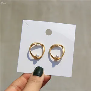 AOMU Korean Chic Style S925 Sterling Silver Pin Gold Metal Curved Wave Line Pearl Circle Earrings for Women Girl Jewelry Set