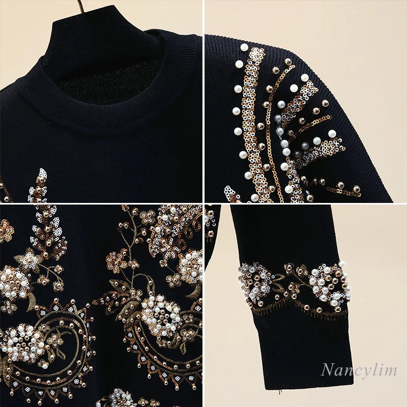 Studded Beaded Petal Pullover Knitting Sweater