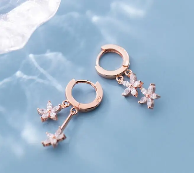 

1PAIR Authentic Real 100% 925 Sterling Silver fine Jewelry Zirconia aaa+ Flower Tassel Hoop Huggie Earrings GTLE2449