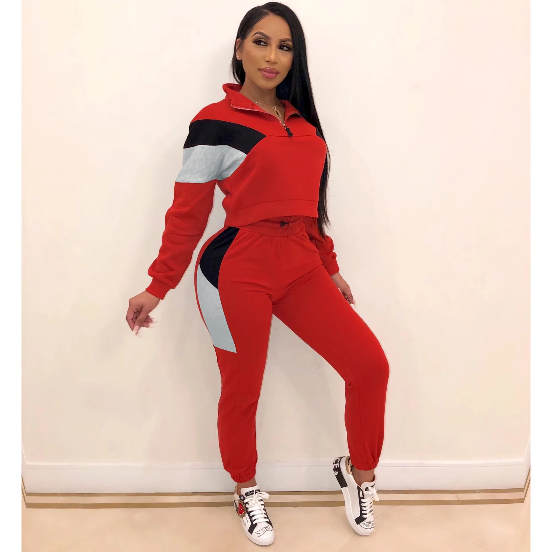 

Women Autumn Winter Tracksuit Casual Turtleneck Long Sleeve 2 Piece Set Club Outfits Patchwork Matching Sets Plus Size