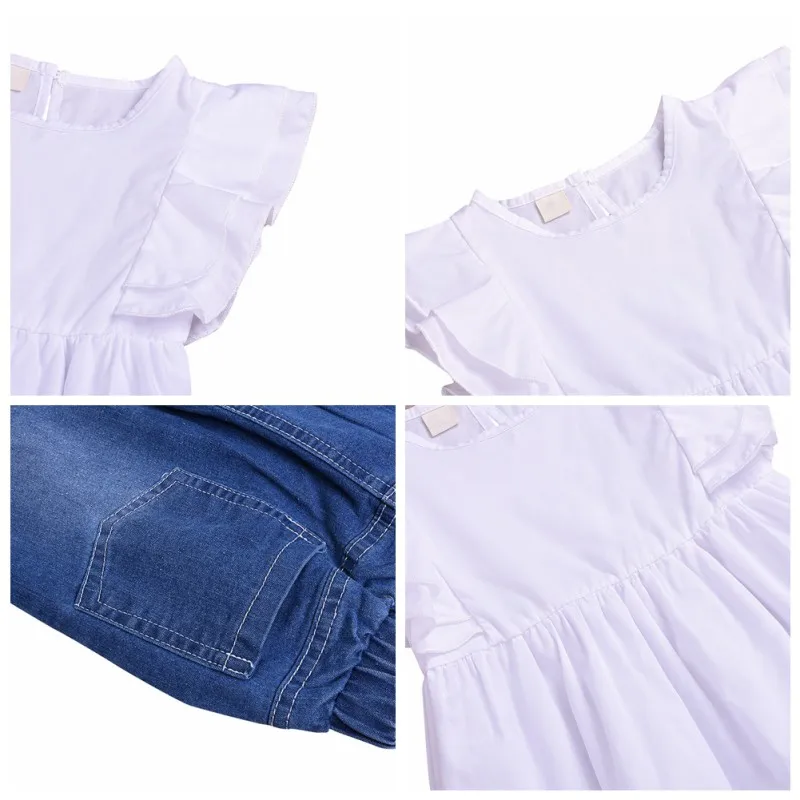 Милая Однотонная футболка с принтом для маленьких девочек, блузка Топы+ джинсовые брюки с бисером повседневные комплекты из 2 предметов От 2 до 9 лет, милая одежда для маленьких девочек