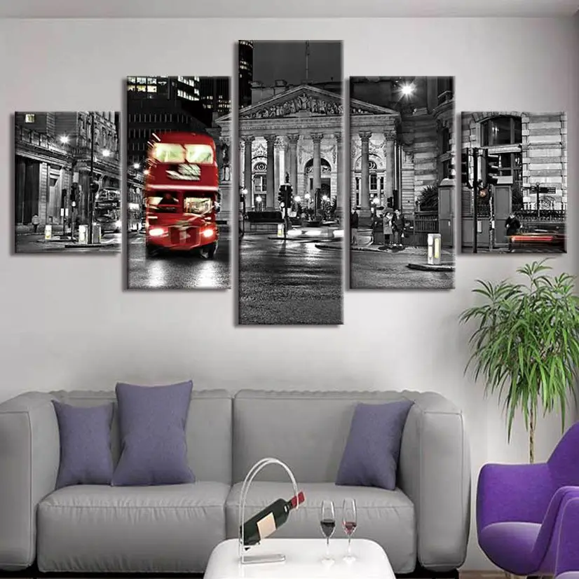 

No Framed Canvas 5 Pieces London City Street Red Bus HD Printed Wall Art Posters Pictures for Living Room Home Decor Paintings