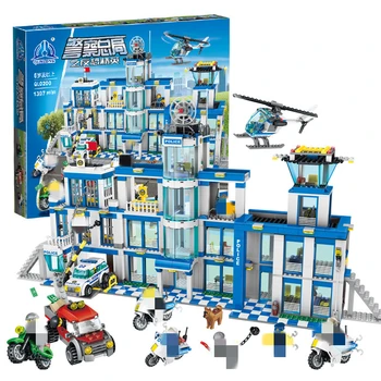 

New 1397pcs Big Police Station Motorbike Helicopter Model Building Bricks Kits City Educational Toys For Kids