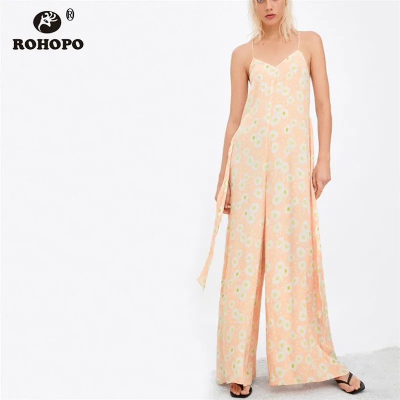 

ROHOPO White Daisy Floral Spaghetti Strap Wide Leg Pink Jumpsuit Bandage Back Ladies Holiday Sleeveless Romper #XL6050