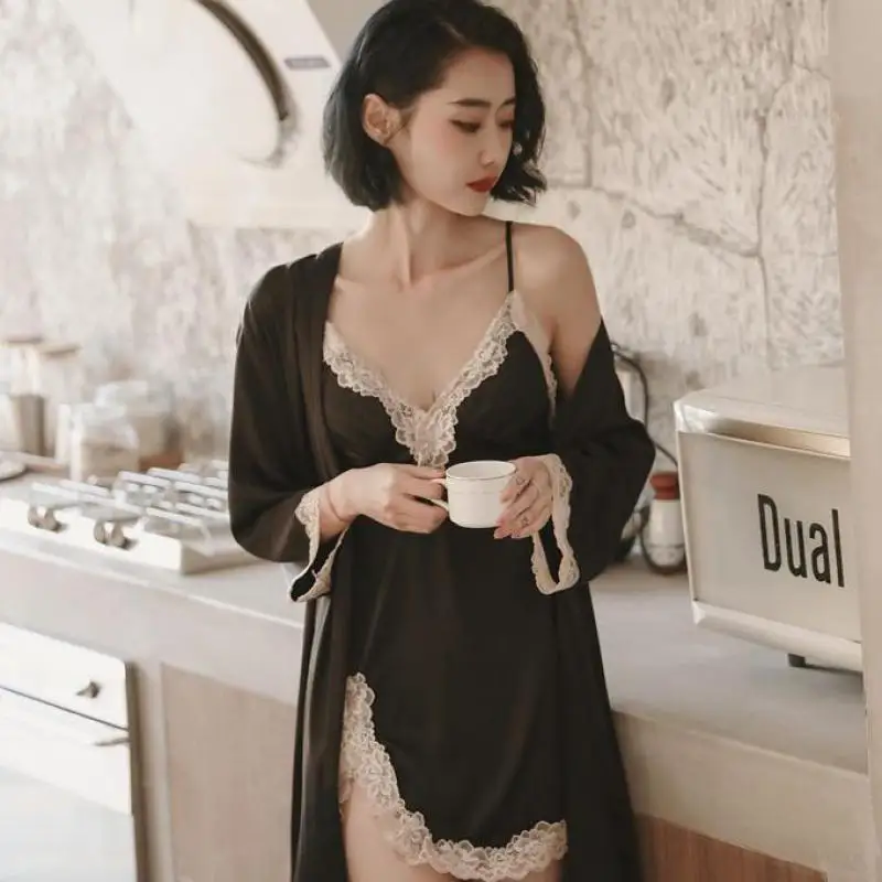 Bridal Wedding Robe Set Women Satin Full Slip Lace Kimono Bath Gown Bridesmaid Wedding Bathrobe&Nightgown Set Loungewear