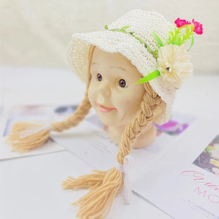 Spring Summer Baby Kids Girl Sun Block Hat Beach Hair Pigtail Braid Wig Cap Children Girls Flower Straw Hat Cap New Arrivals