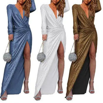 

Sexy Women Long Sleeve Deep V Neck High Side Splitting Shiny Pleated Maxi Dress V Neck High Side Shiny Pleated Maxi Dress Women