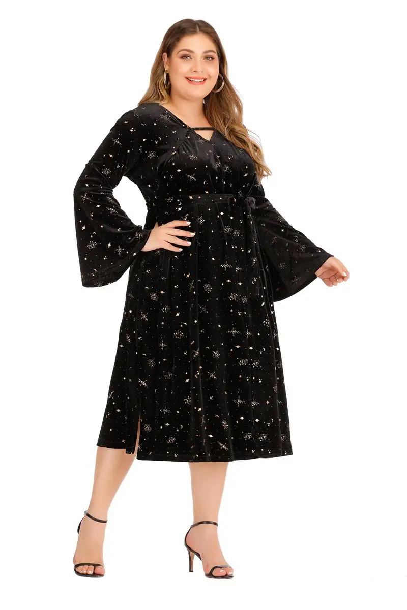 XL-5XL, осень-зима, плюс размер, вельветовое платье, повседневное, женское, с принтом, с длинным рукавом, платье с рукавом-колокол, большой размер, элегантные, длинные, вечерние платья