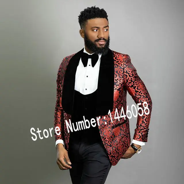 

JELTONEWIN Custom Made Burgundy Floral Black Velvet Lapel Man Wedding Prom Dress Suits For Men Costume Groom Party Tuxedo 3 Pce