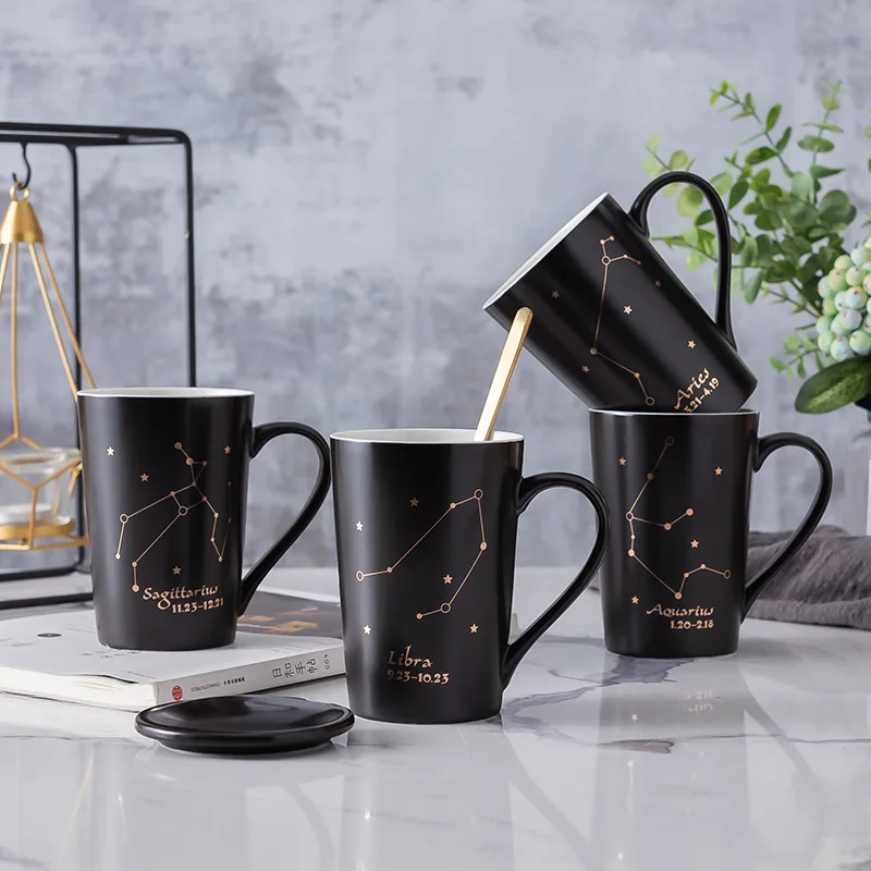 

Bone China Coffee Mugs Creative 12 Constellations Coffee Cup Porcelain Coffee Mug with Lid & Spoon 340ml Mug Set