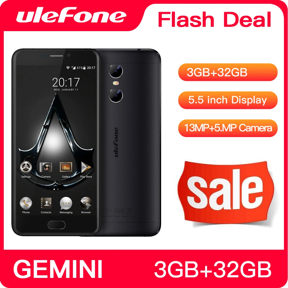 Ulefone Gemini Оригинальный телефон Двойная камера 13.0MP+5.0MP Мобильный 5.5 дюймов FHD MTK6737T Quad