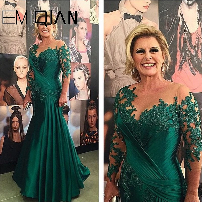 

See Through Emerald Lace Scoop Neckline Satin Floor Length Appliques Long Sleeves Mother of the Bride Dress For Wedding