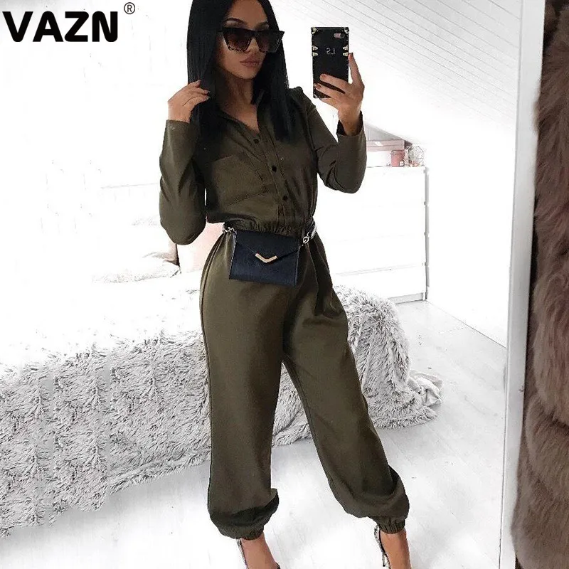 VAZN FD8178 Желтый сплошной Карандаш Bodycon длинные штаны сексуальный женский комбинезон с отложным воротником Длинные рукава спортивные костюмы длинный комбинезон - Color: Green