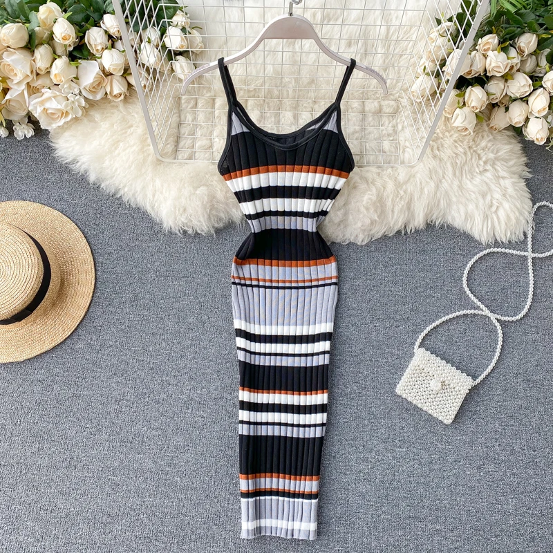 Vintage 2020 V Neck sexy striped print Slim Bodycon Knitted short Dress Summer Party Women spaghetti strap dress Club dresses