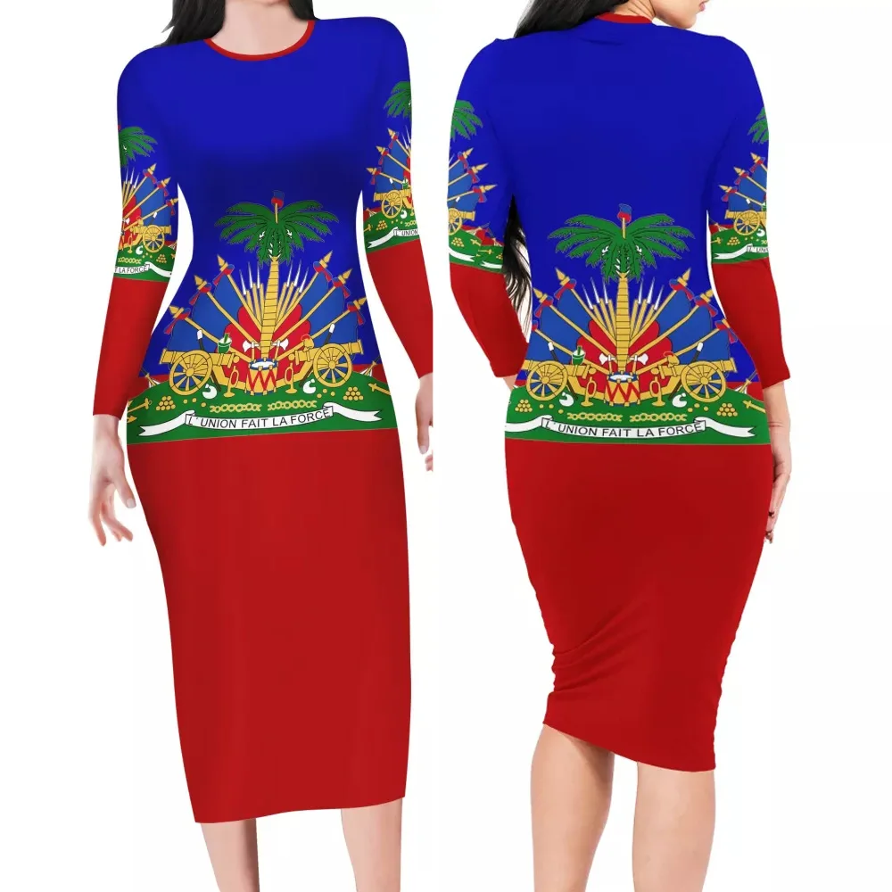 WHEREISART mujer manga larga vestido Sexy bandera de Haití de impresión señoras comodidad ropa vestido cuello elegante mujer Vestidos 2021