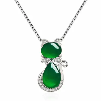 

Fashion cat green jade agate emerald gemstones pendant necklaces for women white gold silver choker jewelry bijoux party gifts