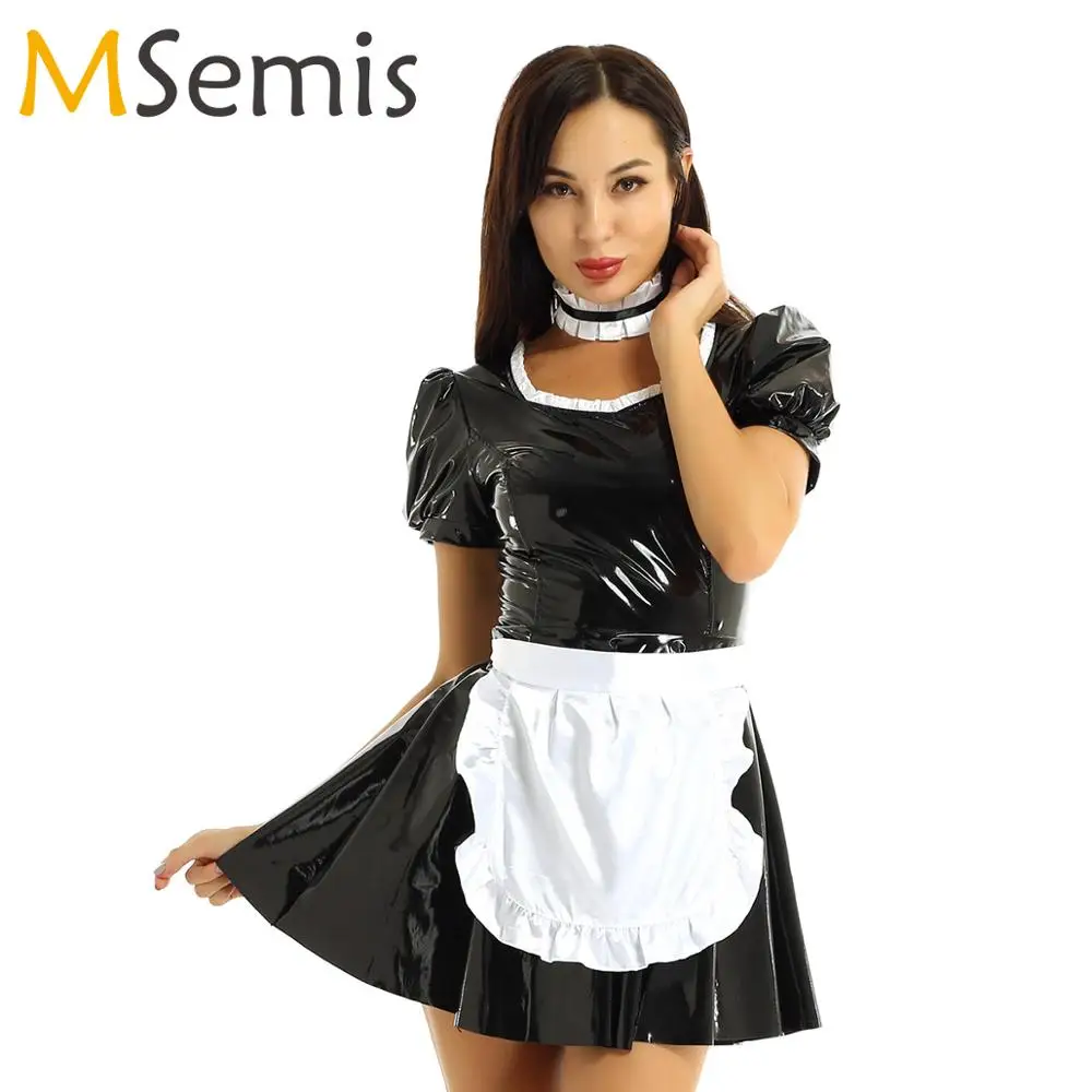 Women Wetlook Leather Maid Apron Dress Bodysuit Cosplay Role Play Party Costume