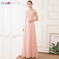 Элегантные розовые вечерние платья Ever Pretty, трапециевидные, с оборками, рукавом, v-образным вырезом, бантом и поясом, шифоновые длинные