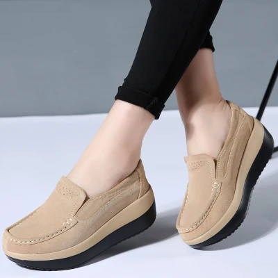 spring and autumn new women's casual single shoes leather flat shallow mouth single foot muffin thick bottom - Цвет: Бежевый