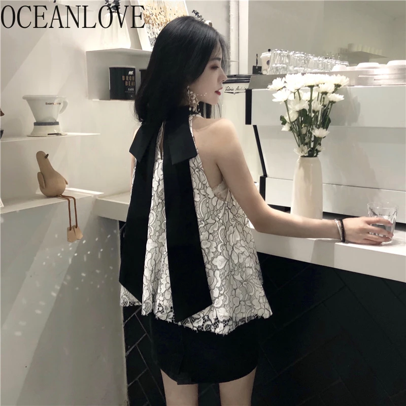 

OCEANLOVE Chic Lace Print Women Blouse Spring Summer 2020 Bow Korean Blusas Mujer Fashion Bow Sexy Shirts New Tops 15364
