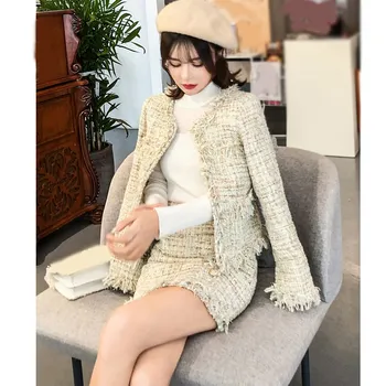 

2 Piece Set Elegant Women Skirt Set Short Woolen Tweed Coat Vintage Office Ladies Mini Skirt Set