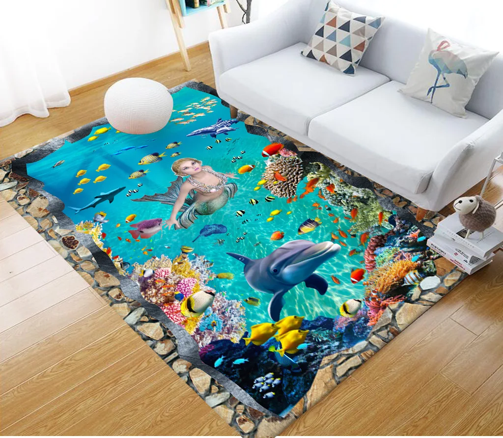 

Underwater world dolphin Square Anti-Skid Area Floor Mat 3D Rug Non-slip Mat Dining Room Living Room Soft Bedroom Carpet style-3