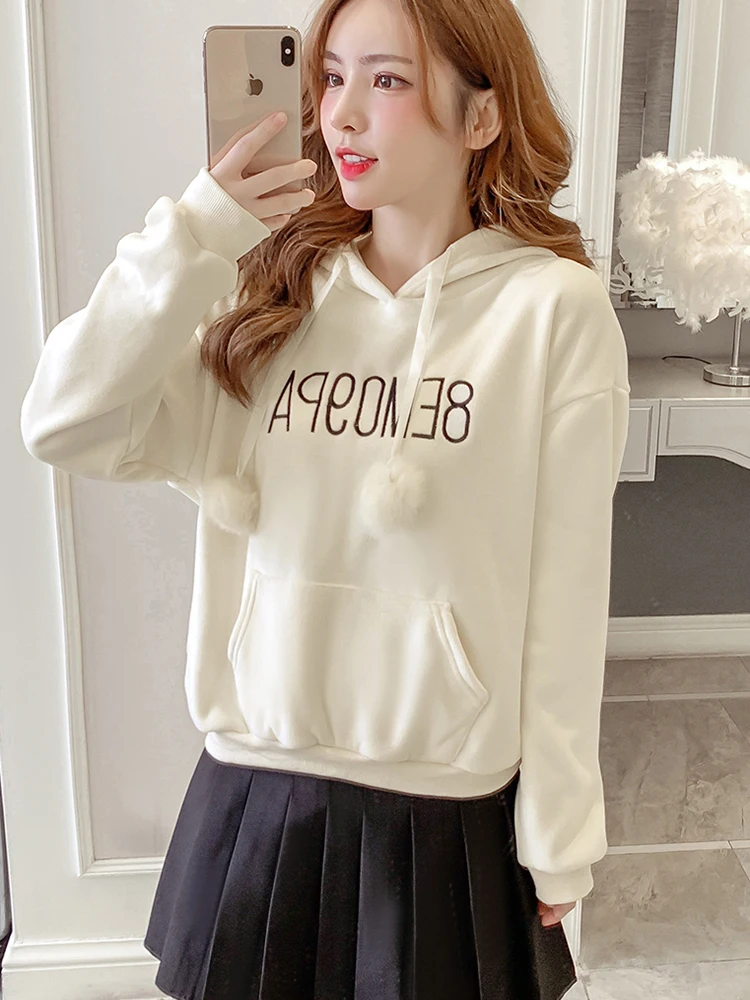 Hoodie Shirt Women'S Pullover Round Neck Long Sleeve Gold Velvet Hair Ball 2019 Winter New Plus Thick Loose Fleece Jack | Женская