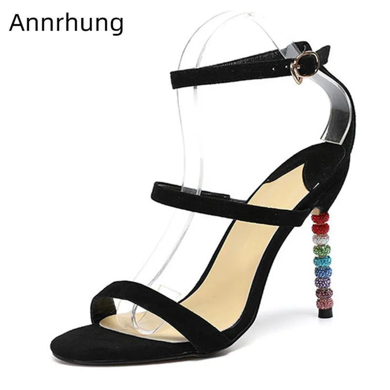 

Suede One Strap Sandals Colourful Crystal Beading Heel Shoes Open Toe High Heels Customized Color Ankle Buckle Sandals Women