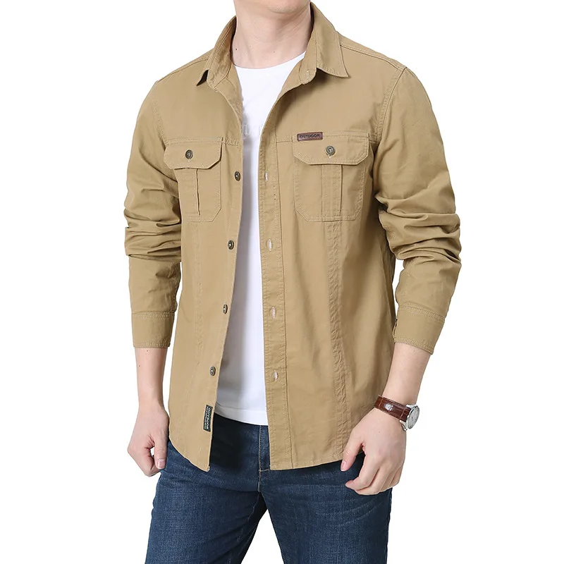 

2021 Men's new long-sleeved shirt loose shirt spring and autumn washed sports outdoor pure cotton casual tooling shirt