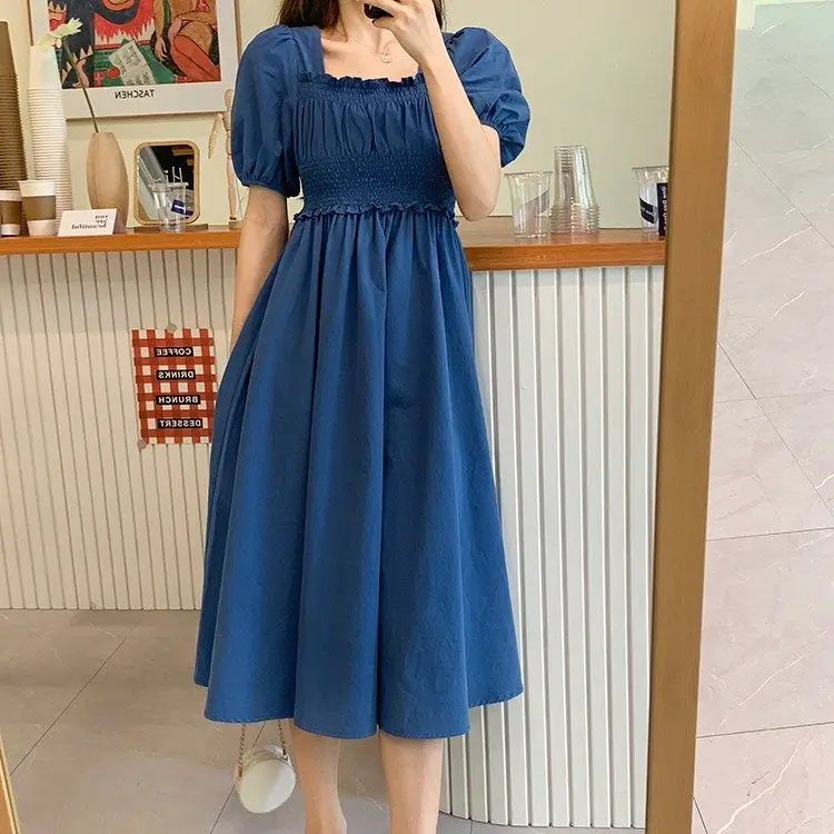 Short Puff Sleeve Dress Women Square Collar Pleated Ruffles High Waist Chic Sweet French Style Elegant Female Ulzzang Solid New sun dresses