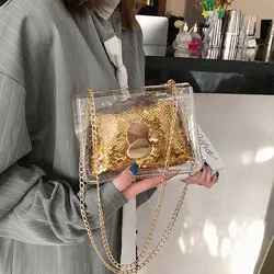 Новая женская сумка в Корейском стиле, цепочка цепочек русалки, прозрачная, для мамы и сына, маленькая квадратная сумка, сумка на одно плечо