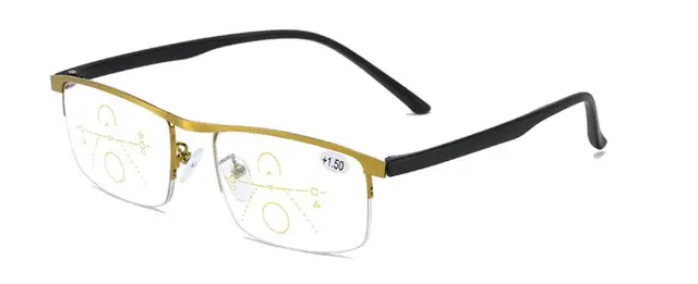 Hot Sale Progressive Reading Glasses Multifocal Anti Blue Ray Glass Glasses Half Frame Metal Alloy Men Women 1.5 1.0 2.5 Black Gold