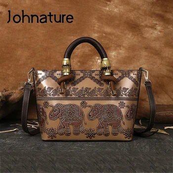 

Johnature Retro Handmade Embossed Women Bag 2020 New Large Capacity Leather Handbag Leisure Casual Tote Lady Shoulder Bags