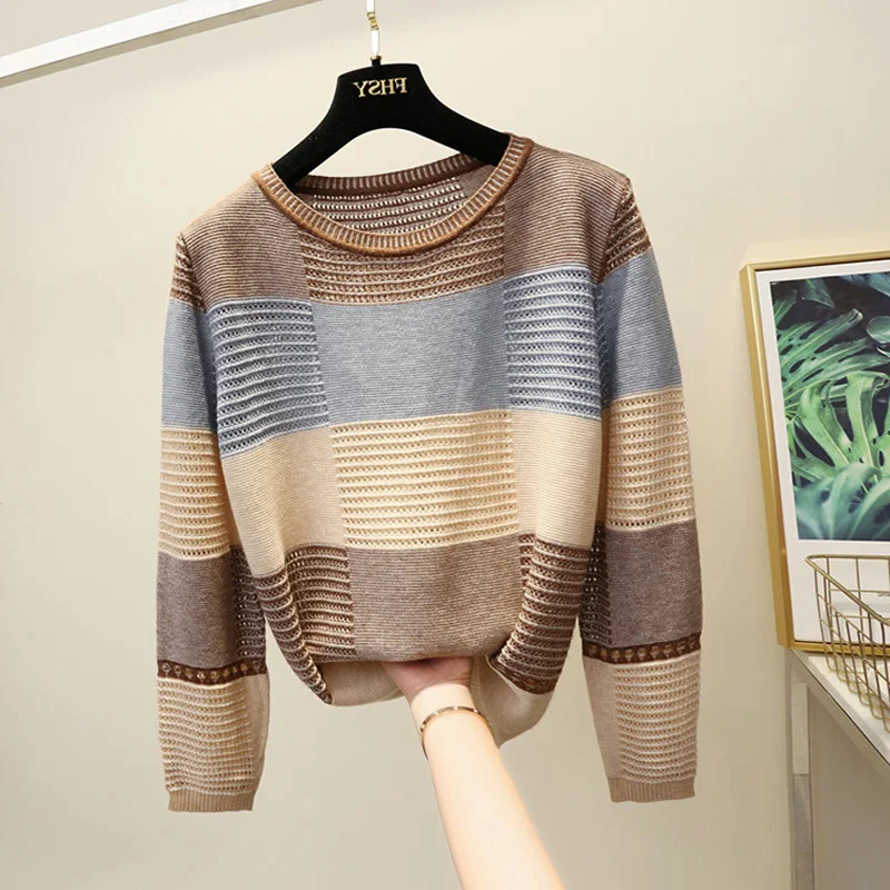

2019 early autumn new sweater women's Korean version of color matching loose striped long-sleeved shirt sweater sweater