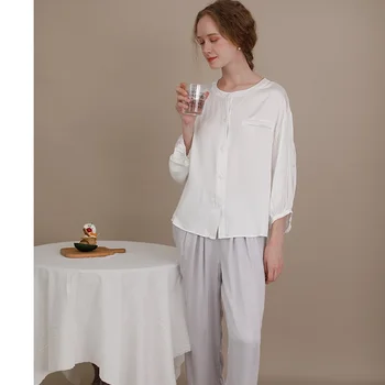 

Sleepwear 2020 Home Fairy Pajamas Wild Satin Retro Shirt Carrot Pants Multicolor Homewear Pajama Set Women Loungewear Women