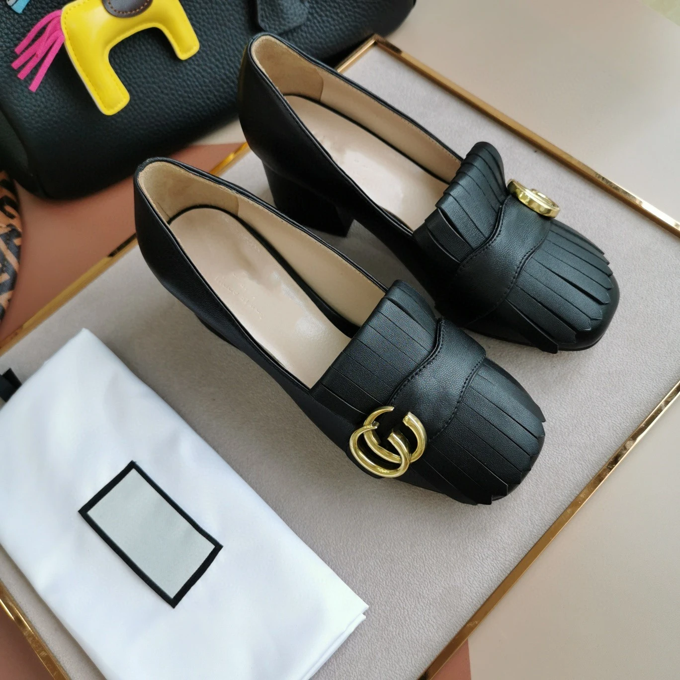

Metal buckle color matching tassel leather shallow platform shoes 2020 new high-heeled loafers retro tide heels for women