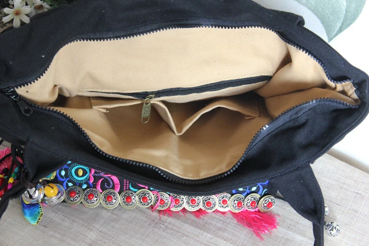Этнические вышитые женские сумки с кисточками на плечо черные холщовые повседневные большие сумки