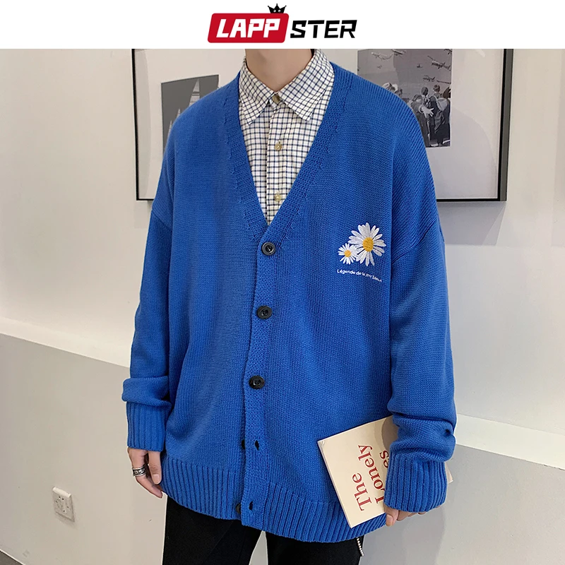 LAPPSTER-cárdigan de flores bordadas para hombre, Jersey de punto abotonada, azul, coreano, ropa de moda, otoño e invierno, 2020
